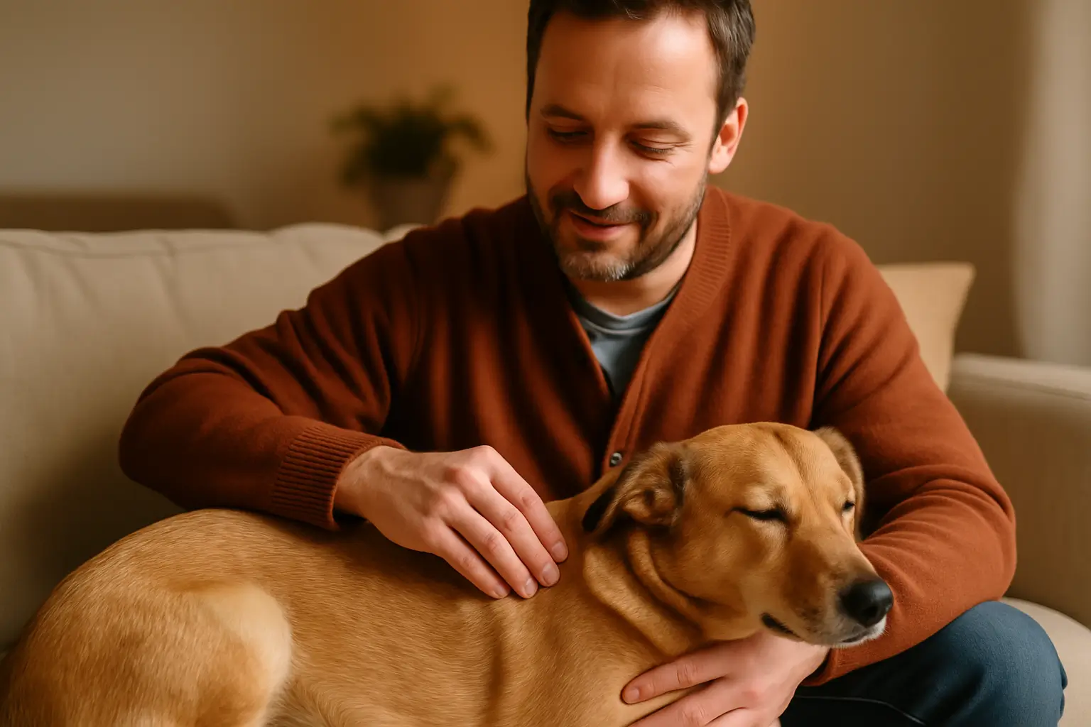 Um cachorro visivelmente relaxado recebendo a Tellington TTouch técnica para acalmar cães , com o tutor fazendo movimentos circulares suaves na lateral do corpo do animal. O cachorro deve demonstrar expressão de tranquilidade.