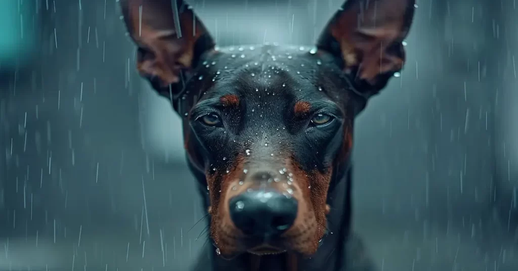 Close up de um cachorro preto na chuva. `Talvez esteja demonstrando algum dos Sinais de Alerta em Cães