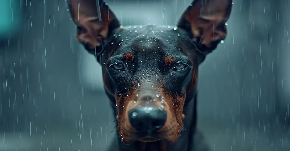 Close up de um cachorro preto na chuva. `Talvez esteja demonstrando algum dos Sinais de Alerta em Cães