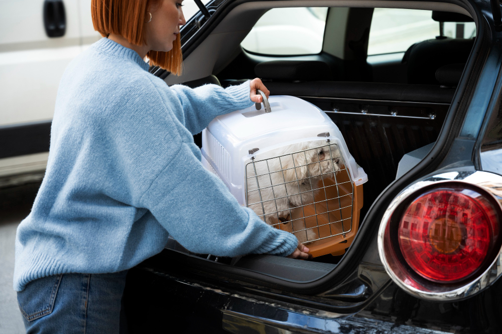 Cachorro sendo cuidadosamente transportado via carro