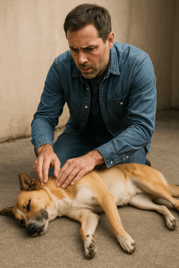 Mão checando o pulso na pata traseira de um cachorro deitado, passo vital dos primeiros socorros cachorro acidente.