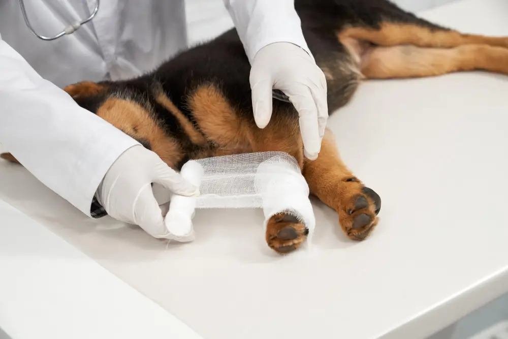Mãos com luvas aplicando pressão com gaze em uma ferida na pata de um cachorro, exemplificando primeiros socorros cachorro acidente para hemorragia