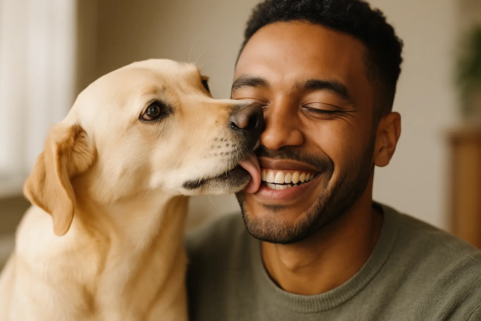 Foto de um cão de porte médio Labrador dourado com pelagem clara lambendo gentilmente a bochecha de um homem sorridente