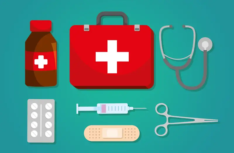 Kit de emergencia com vários itens como seringa, tesoura e comprimidos