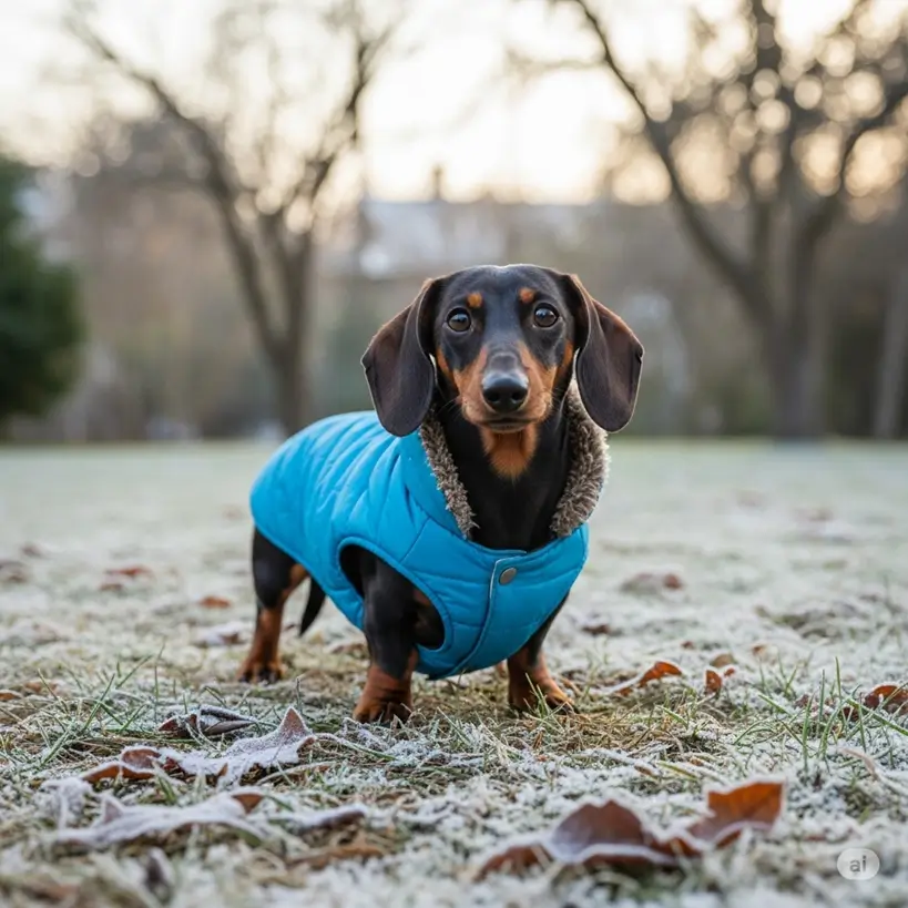 Cachorro usando roupinha de inverno em um cenário com neve, ilustrando os perigos do inverno para cães e os cuidados necessários