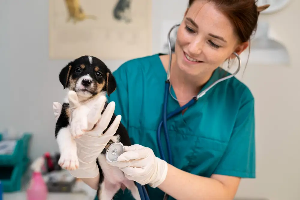 cachorro ao lado de uma veterinaria fazendo exames laboratoriais, representando os exames essenciais check-up canino."